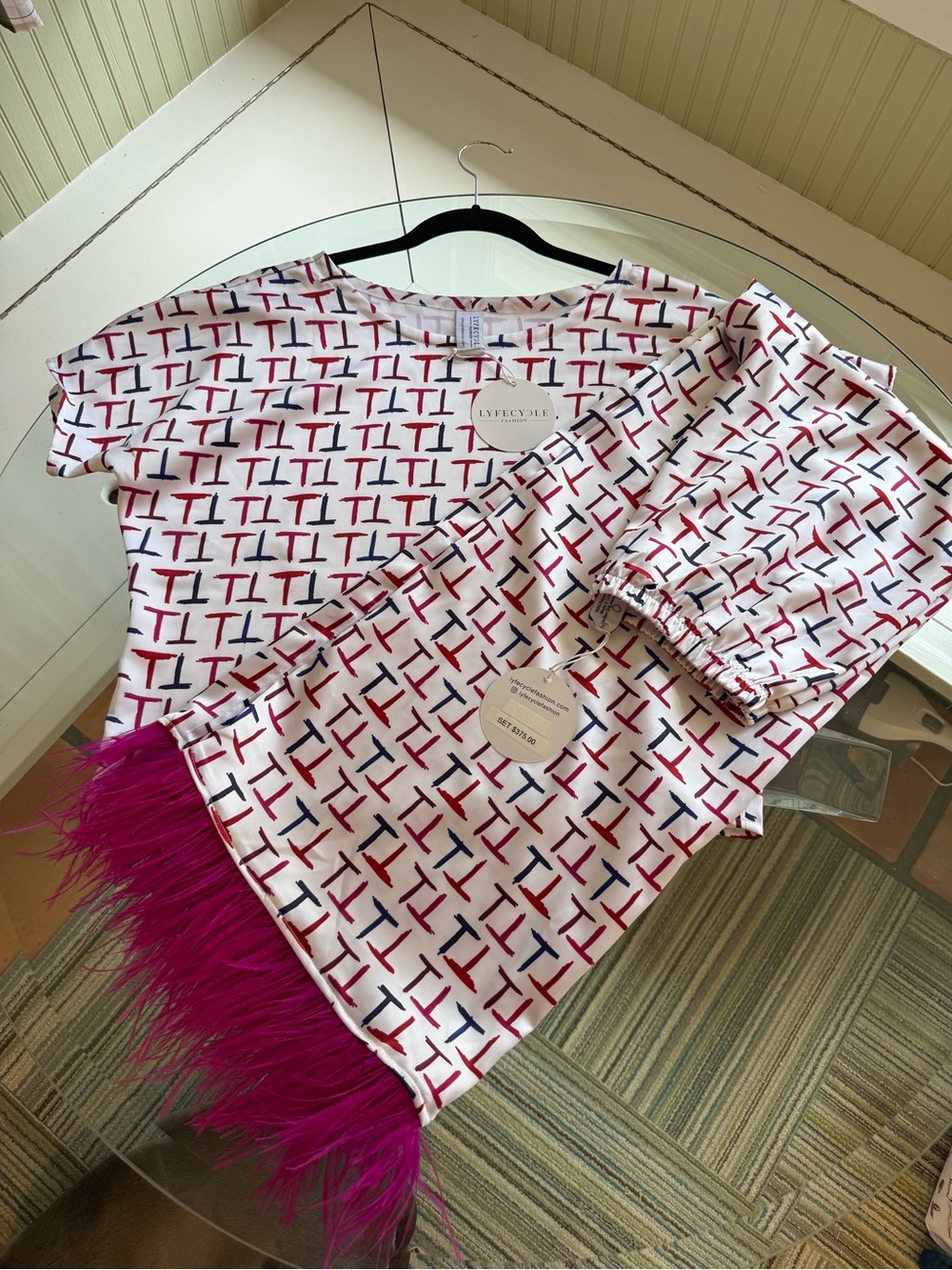 Lyfecycle Lounge Set: feather trimmed pants & sequin lips top